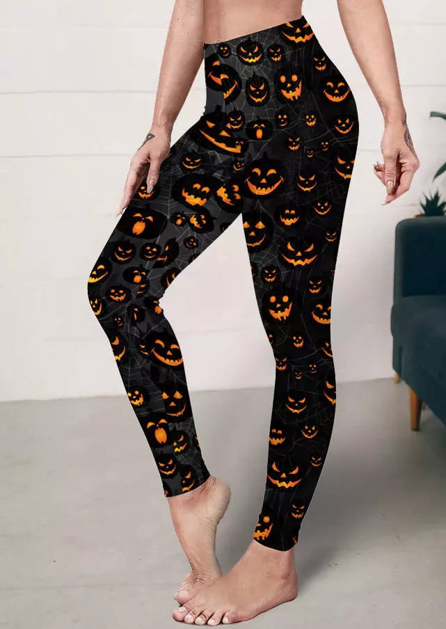 Halloween Pumpkin Face High Waist Skinny Leggings - Black